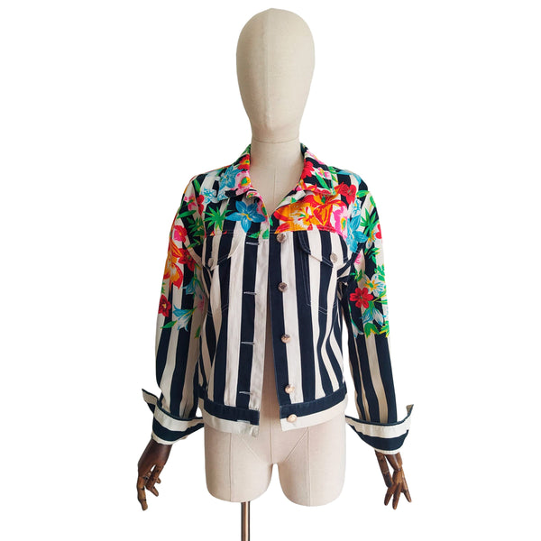 MONDI vintage jacket, 90s printed cotton jacket. striped and floral motifs, Mondi by Escada vintage jacket