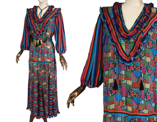 DIANE FREIS Vintage dress from 1980s, colorful printed pleated dress. Patchwork pattern bohemian vintage dress.