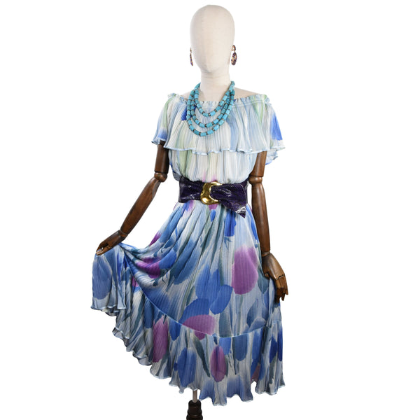 PRINCE CARMINO dress, vintage 1980s floral print pleated dress.