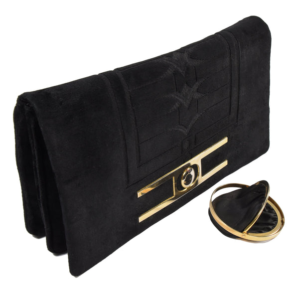 CESARE PICCINI clutch, vintage 1970s black velvet handbag. mirror and coin purse included.