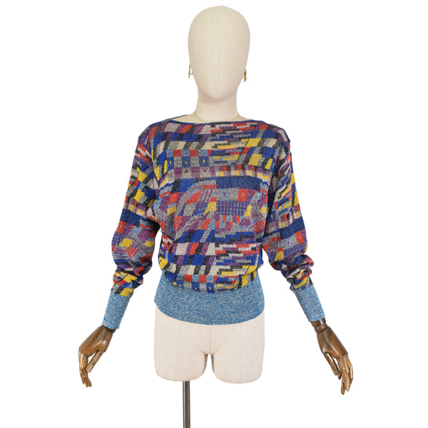 GIANNI VERSACE vintage 80s pullover, Lurex and cotton knit sweater weaving with geometric motifs, Size XS.