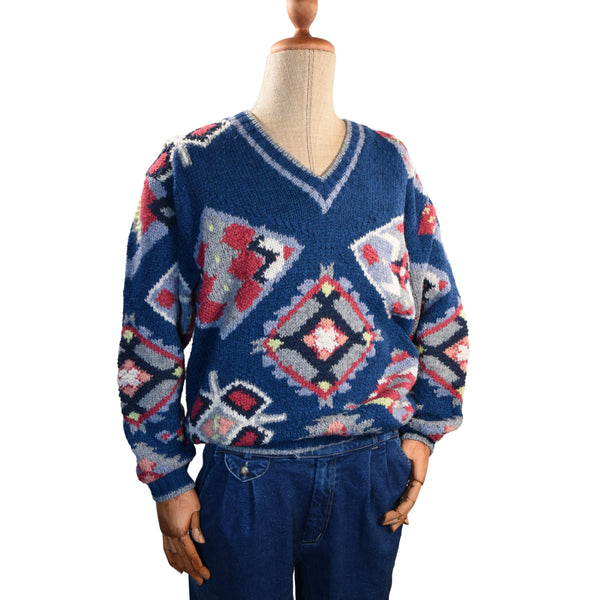 VINTAGE S. MORITZ sweater. Knitted pullover with V-neck. vintage blue ugly sweater, 1990's