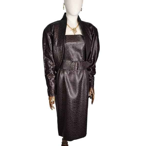 ANDREA ODICINI dress set from 1980s, vintage dress and jacket set, reptile-like texture fabric ODICINI Couture dress set.