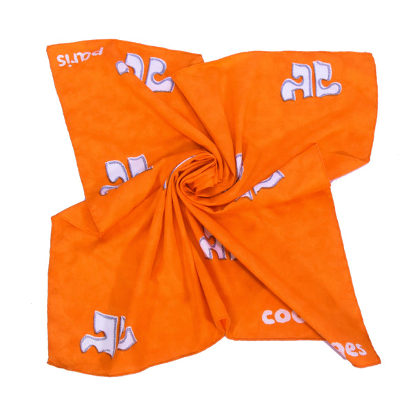 COURREGES vintage cotton scarf,  square carré in orange cotton with Courreges white logo.