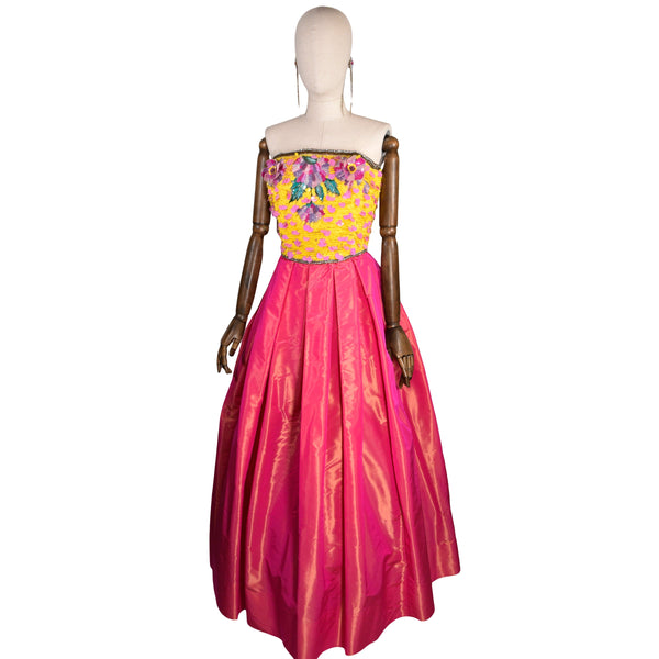 ESCADA silk dress, embroidered bodice with sequins and rocaille, vintage 1990s party dress