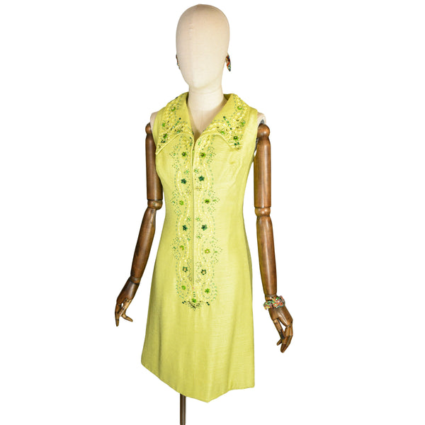 Vintage dress 60's. Short dress embroidered with rhinestones. 60's lime green dress.