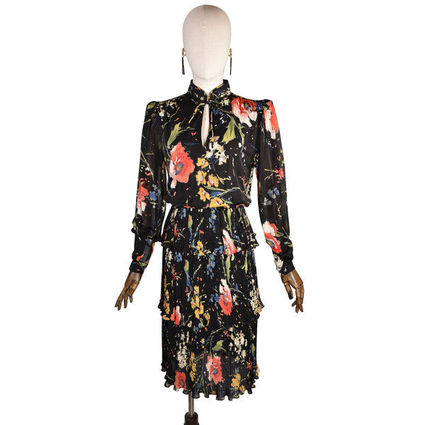 PRINCE CARMINO 80's print dress, Oriental style chic dress with pleated ruffles, size M