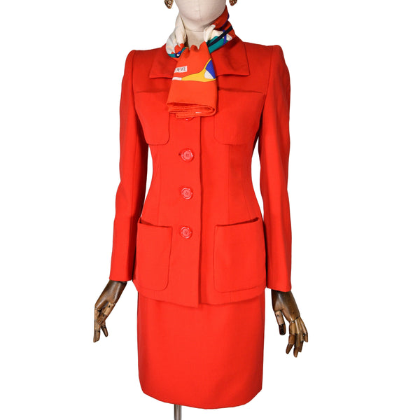 YSL vintage suit, YSL jacket and skirt suit, tailleur de haute couture Yves Saint Laurent in red wool, 90s