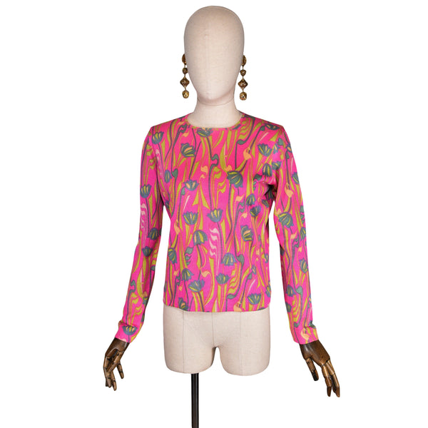 LEONARD vintage printed sweater from the 80's, Leonard Paris pink floral knitted top, Crylor acrylic fibers pullover.