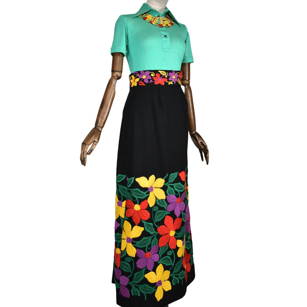 VINTAGE embroidered long skirt from the 70's, black wool maxi skirt with embroidered flowers.