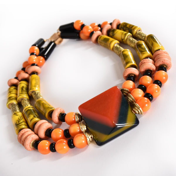 VINTAGE ethnic style necklace from the 80's,  multicolored resin beads necklace, new necklace from old stock.