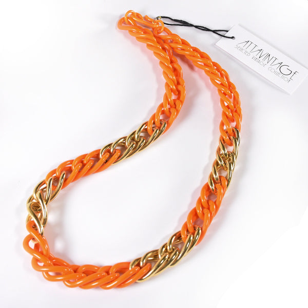 VINTAGE acrylic chain necklace, 80's orange and gold Maxi necklace, necklace from old stock