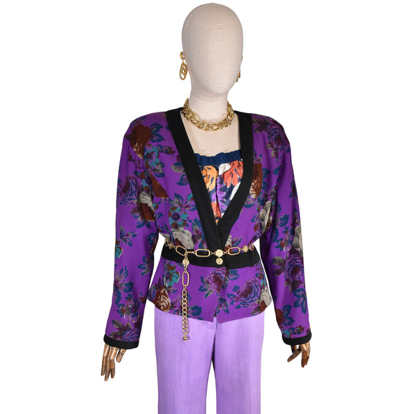 UNGARO parallele Paris jacket - vintage Emanuel Ungaro peplum jacket and deep V-neckline, floral print on purple, golden button, from 1990s