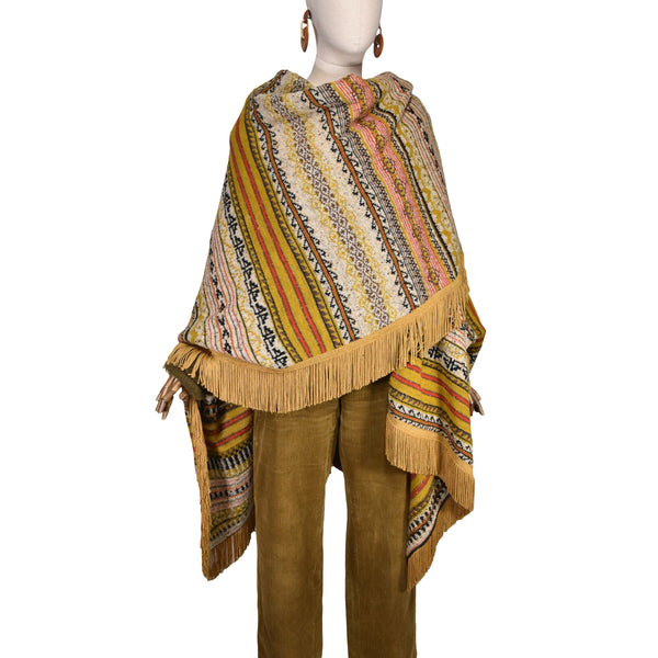 Vintage 80s MOSCHINO COUTURE Knitted Poncho, Folk-Inspired Striped Pattern cape, Wool Fiber, Mustard fringes Trim, Statement Piece.