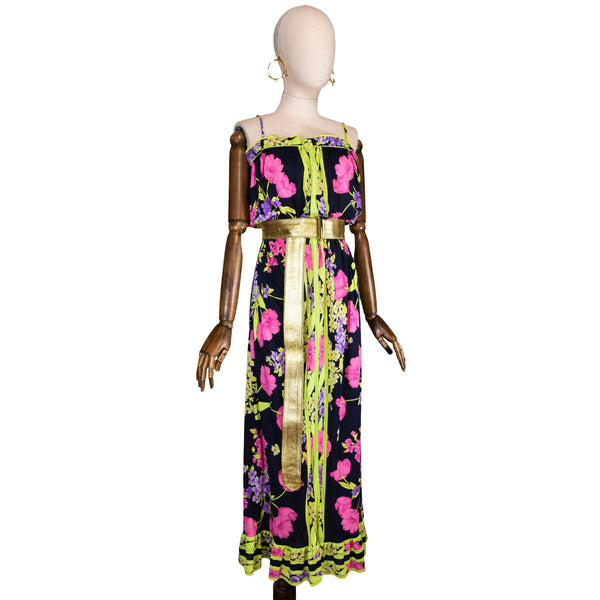 Vintage LEONARD Floral Print Dress in Fluor Tones, long beachwear dress from the 80s, Leonard Paris dress.