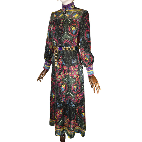 EMILIA BELLINI 1970s Italian designer vintage dress, floral silk knit fabric dress, metallic shimmer silk dress, high neckline long dress.