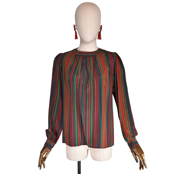 SAINT LAURENT 80s vintage blouse, Yves Saint Laurent  Rive Gauche blouse, multicolor striped silk blouse.