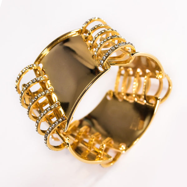 VALENTINO NIGHT vintage bracelet, wide gold-tone metal cuff, 1980s Valentino Garavani evening bracelet, luxury jewelry.