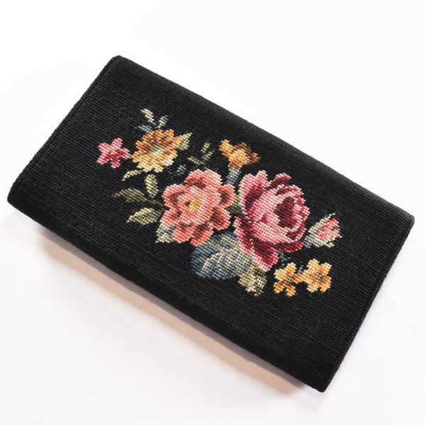 VINTAGE 1950s clutch, floral petit point embroidery purse, black handbag, needlepoint evening bag, hand stitched petit point floral bag.