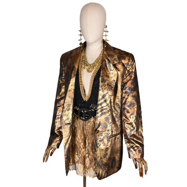 LAGERFELD vintage 80s blazer, KL by Karl Lagerfeld lamé blazer, animal print lurex blazer jacket, vintage Lagerfeld night party jacket.