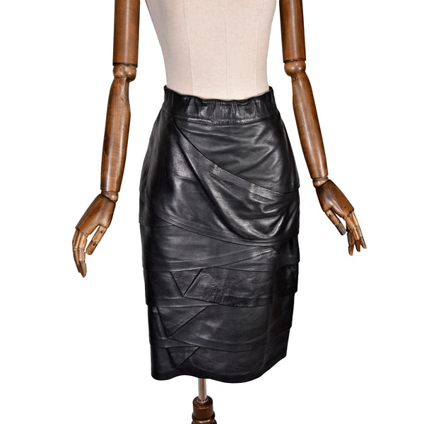 GIANNI VERSACE vintage black leather skirt, 1980s  Gianni Versace Couture layered skirt,  leather pencil skirt, casual skirt.