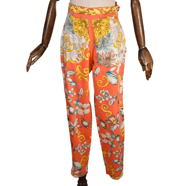 VINTAGE 1990s baroque pants - Cristina Santandrea high waist trousers, orange and gold cotton pants, Italian Designer