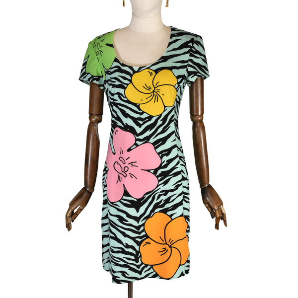 MOSCHINO Cheap and Chic dress, green with floral and zebra print dress, fit dress, pencil dress, Moschino fun dress.