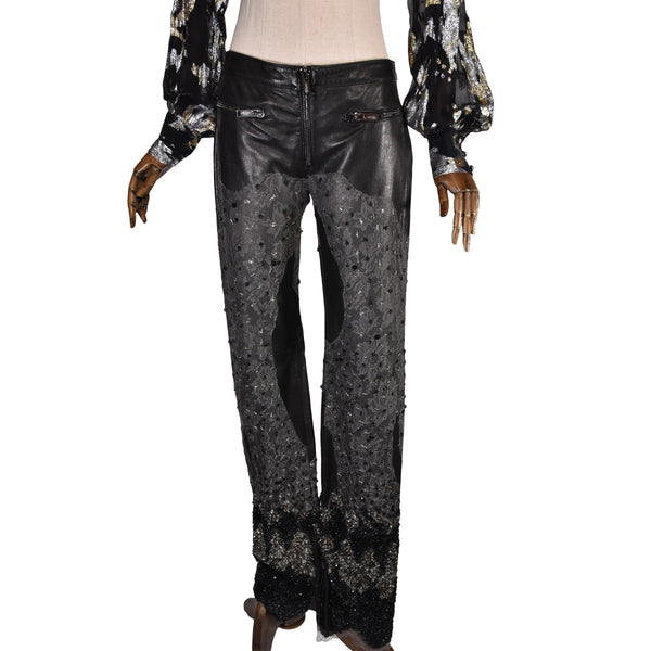 Fashion-forward Leather Redemption Pants with Sequin and Lace Accents - Trendy Women's Wear