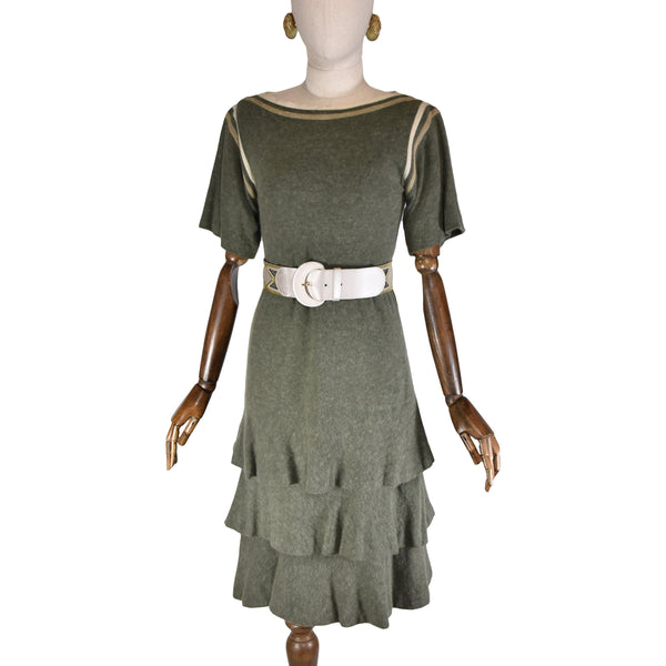 TED LAPIDUS vintage dress, 70s vintage dress, wool and angora blend dress, kaki green dress, ruffles knit dress.