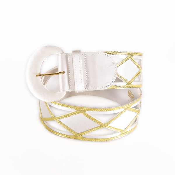 VALENTINO 90s vintage belt, leather & satin Valentino Nigth white and gold luxury belt, made in Italy belt, luxury 1990s belt.