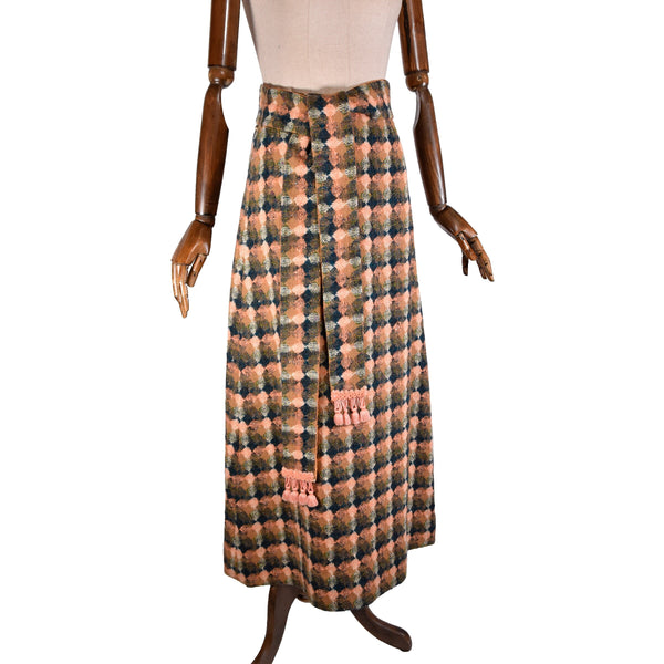 70s WALDMAN skirt de Luxe, VINTAGE bohemian maxi skirt, tweed wool long skirt, plaid pattern skirt.