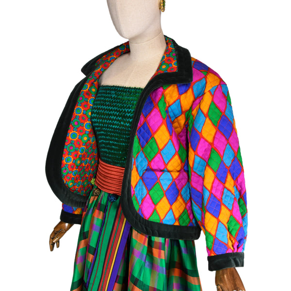 SAINT LAURENT quilted jacket, 90s vintage, vibrant multicolor printed on wool fabric, YSL rare collector jacket.