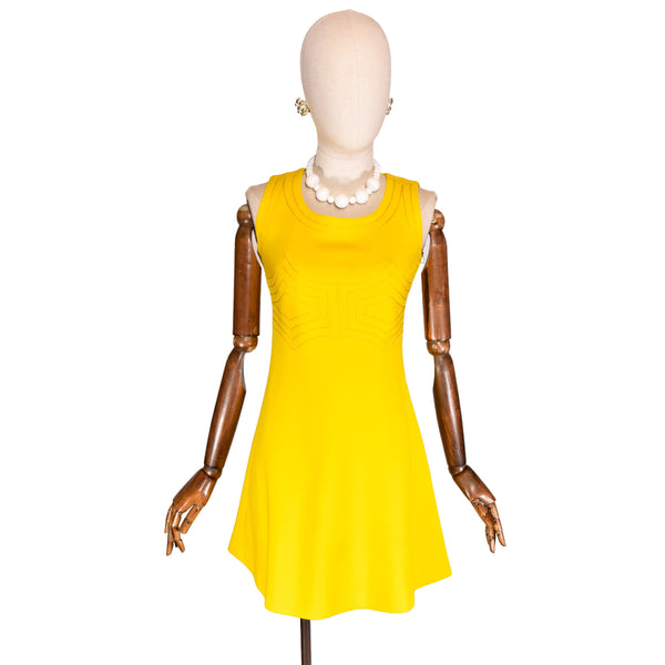 PHILIPPE DEVILLE vintage 1970s yellow dress, MOD style 70s mini length sleeveless dress, french design retro dress.