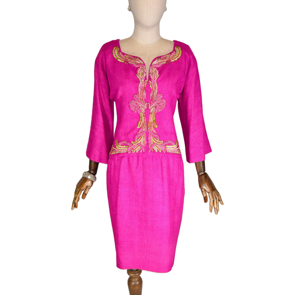 Vintage Karl Lagerfeld Pink Silk Embroidered Dress - 90s Retro Style