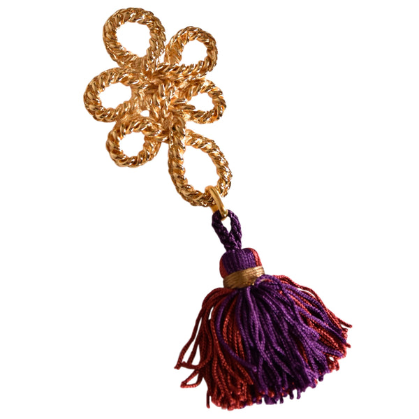 YSL Vintage Golden Knot Brooch with Tassel - brooch or pendant in gold metal, made in France by the Designer Yves Saint Laurent