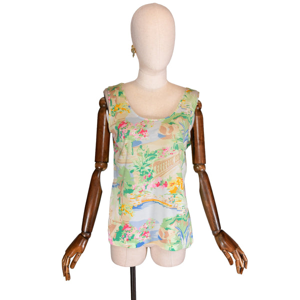 GUY LAROCHE 1990s vintage tank top - floral print on pastel colors, romantic theme, sleeveless 100% cotton tee, L/XL size, made in Italy