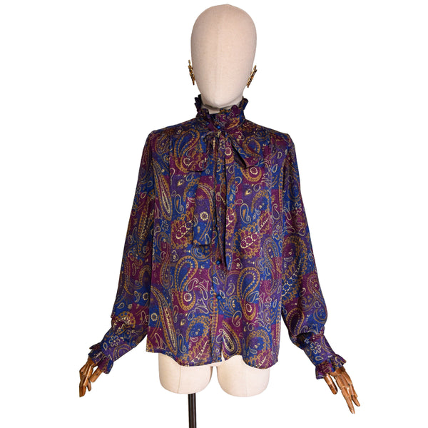 80s VINTAGE paisley print blouse, Bleu Marine Design purple bow blouse, ruffled collar 80s blouse, size L