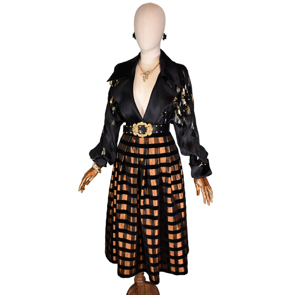 90s KARL LAGERFELD skirt, vintage checkered cocktail skirt with velvet and satin textures, size XXS.