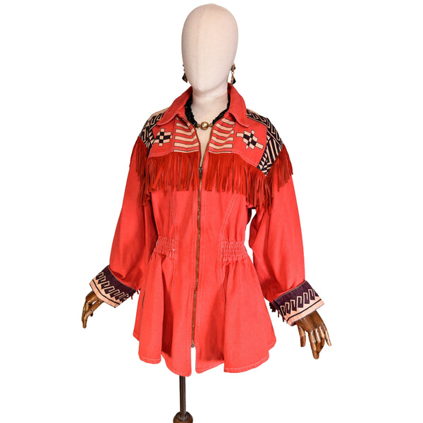 KENZO vintage denim jacket - red denim parka with suede fringe, peplum bottom, elastic waist, Navajo Native American patterns, from the 80s