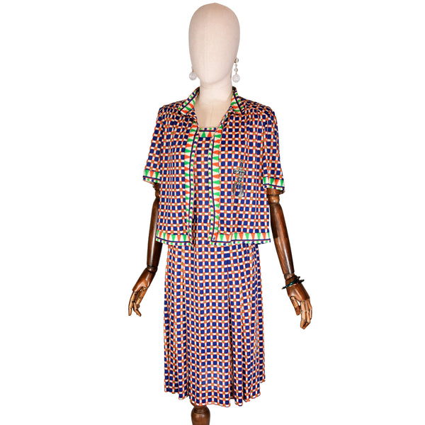 ELIO BERHANYER vintage set, 1970s printed dress and bolero jacket set