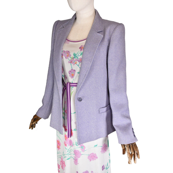 TED LAPIDUS vintage blazer, late 1970s jacket in pastel purple cheviot fabric with pockets.