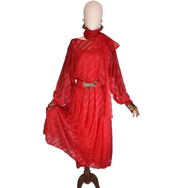 PER SPOOK vintage dress, Early 1980s  red silk chiffon dress with diagonal stripes, vintage chic dress.