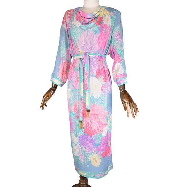 LEONARD jersey silk dress, 1980s Leonard Studio impressionist floral print mikado silk dress.