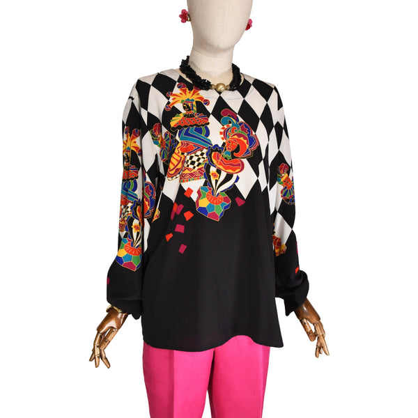 90s LOUIS FERAUD vintage blouse, polyester with black & white diamond print, multicolor harlequins, long sleeves, button-back