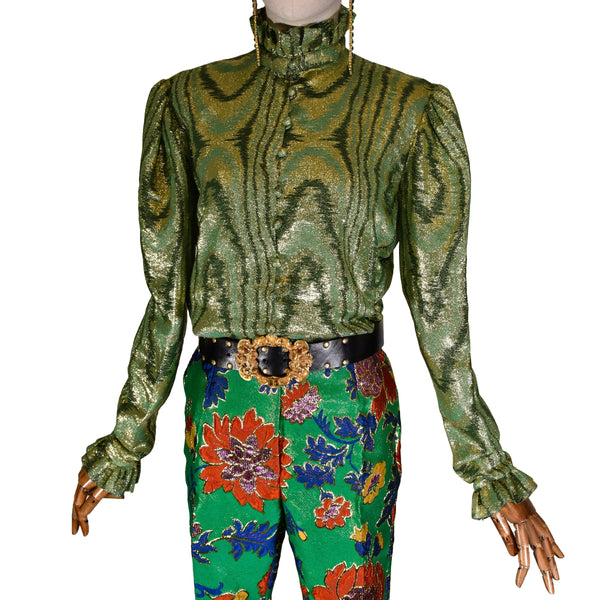 1970s vintage blouse in green and gold lurex, moire pattern blouse with ruffled cuffs and collar, vintage evening top.