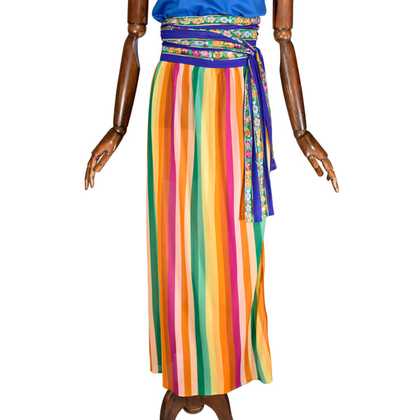 VINTAGE Armonia by La Perla 70s wrap skirt, multicolor striped pareo skirt with floral waistband retro style.