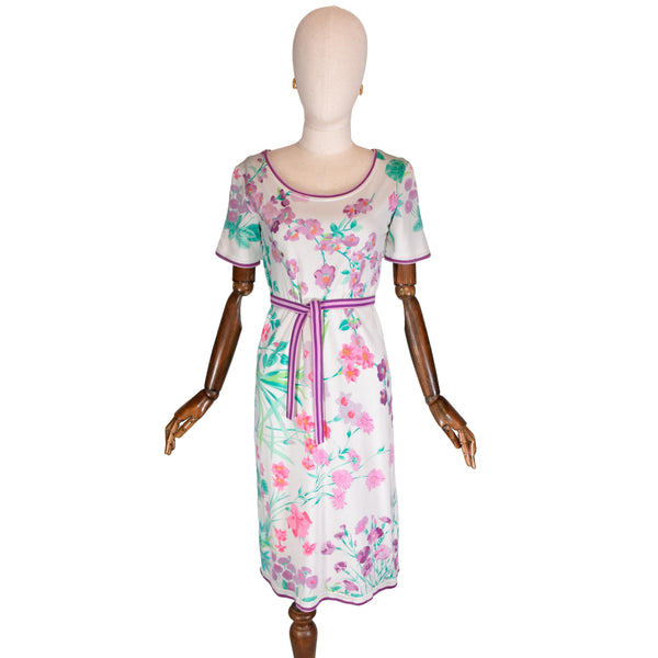 LEONARD vintage dress, 1980s LEONARD cotton dress with floral print, short sleeves summer dress.