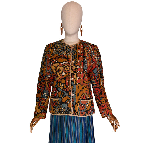 VINTAGE 1980s quilted jacket, ethnic printed wool print jacket, long sleeves Rene Wells bohemian jacket.