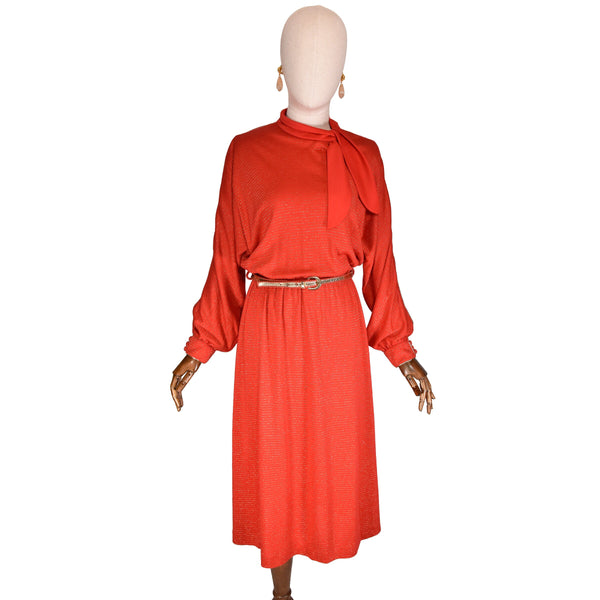 BETTY BARCLAY dress, 1970s vintage red knit dress with gold lurex stripes, batwing sleeves vintage dress.