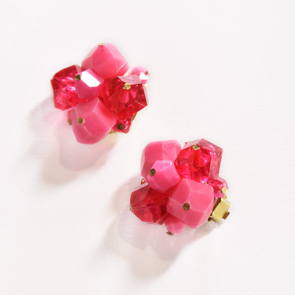 VINTAGE clip-on earrings from the 60s,  earrings made in Austria in vibrant pink plastic beads, authentic 1960s pop earrings